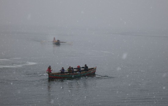 Calls of "Ramming speed!!!" echoed over the snowy waters during pre-race kayak attack drills.